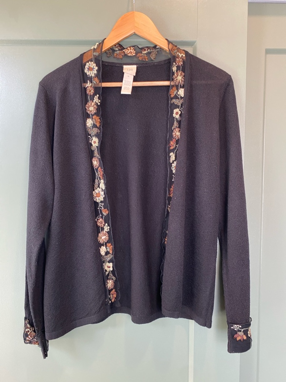 J. Jill Black Open-Front Cardigan with Floral Embroidered Trim